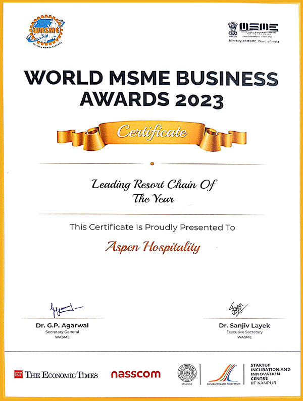 Awarded the best resort chain of the year by Ministry of MSME, India